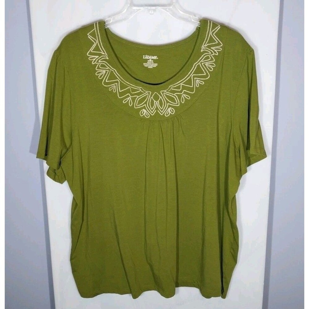 Liz & Me 3X Blouse Olive Embroidered Neck Boho Relaxed Fit Stretch Plus Size Top